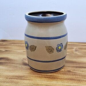 BBP Beaumont Brothers Pottery Utensil Crock Hand-Painted Flowers Blue 5.5" X 4"‎